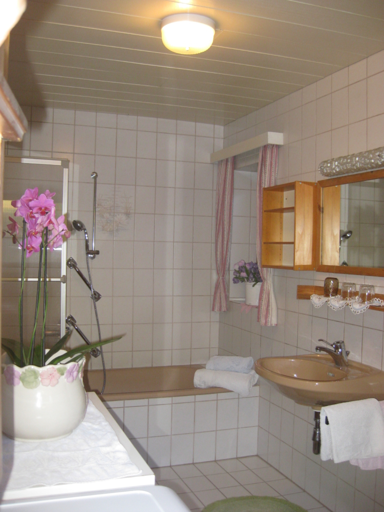 Badezimmer mit Badewanne, WC und Waschmaschine in der FERIENWOHNUNG GRETL